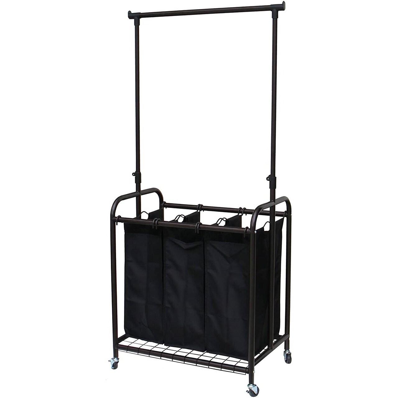 Bronze-Black Polyester 3-Bag Laundry Sorter Hamper with Adjustable Hanging Bar and Casters